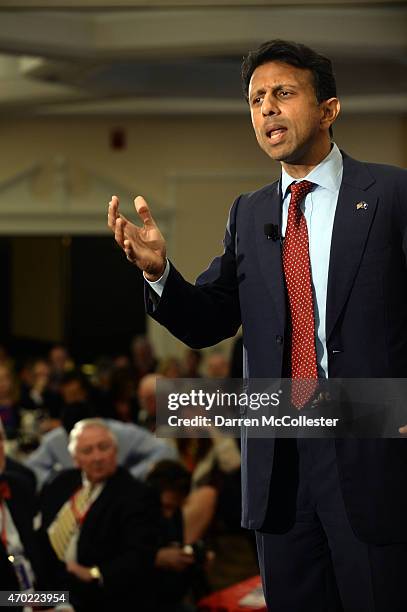 Louisiana Gov. Bobby Jindal speaks at the First in the Nation Republican Leadership Summit April 18, 2015 in Nashua, New Hampshire. The Summit...