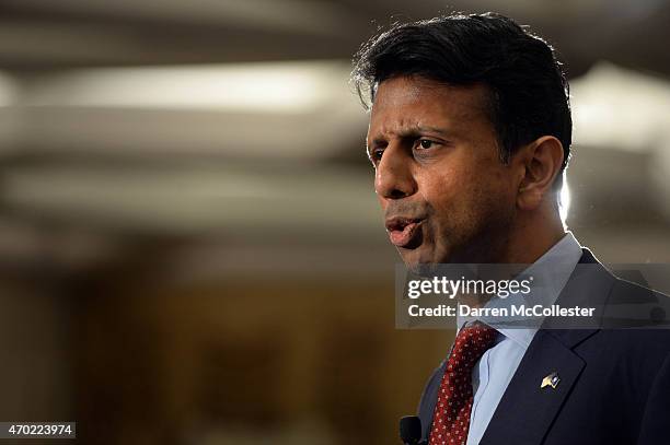 Louisiana Gov. Bobby Jindal speaks at the First in the Nation Republican Leadership Summit April 18, 2015 in Nashua, New Hampshire. The Summit...