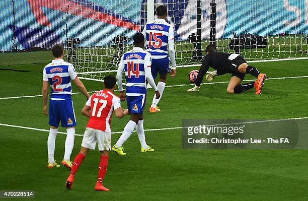 Alexis Sanchez of Arsenal scores his second goal past Adam Federici of Reading during extra time in the FA Cup Semi-Final match between Arsenal and...