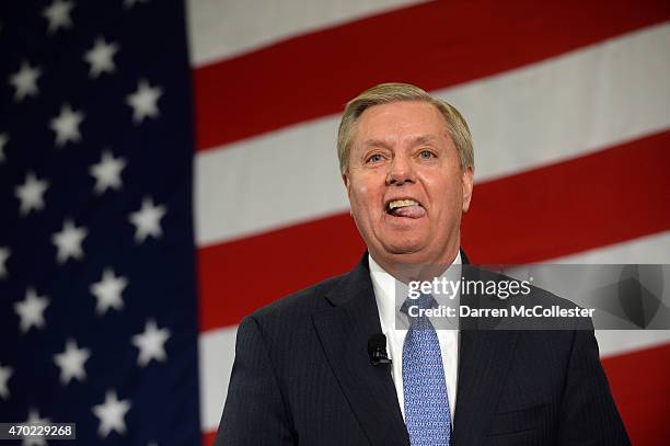 Sen. Lindsay Graham speaks at the First in the Nation Republican Leadership Summit April 18, 2015 in Nashua, New Hampshire. The Summit brought...