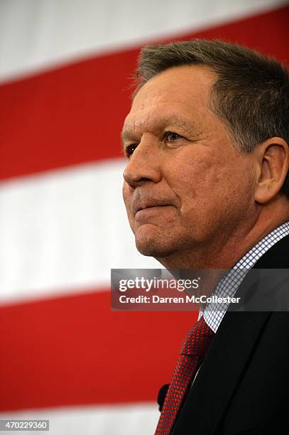 Ohio Gov. John Kasich prepares to speak at the First in the Nation Republican Leadership Summit April 18, 2015 in Nashua, New Hampshire. The Summit...