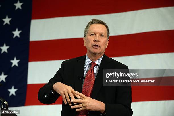Ohio Gov. John Kasich speaks at the First in the Nation Republican Leadership Summit April 18, 2015 in Nashua, New Hampshire. The Summit brought...