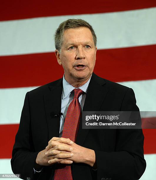 Ohio Gov. John Kasich speaks at the First in the Nation Republican Leadership Summit April 18, 2015 in Nashua, New Hampshire. The Summit brought...