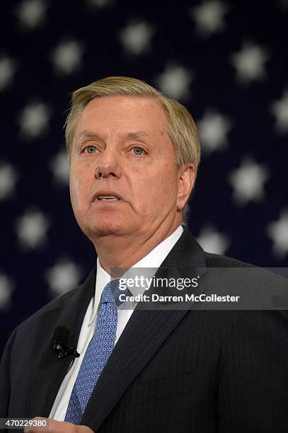 Sen. Lindsay Graham speaks at the First in the Nation Republican Leadership Summit April 18, 2015 in Nashua, New Hampshire. The Summit brought...