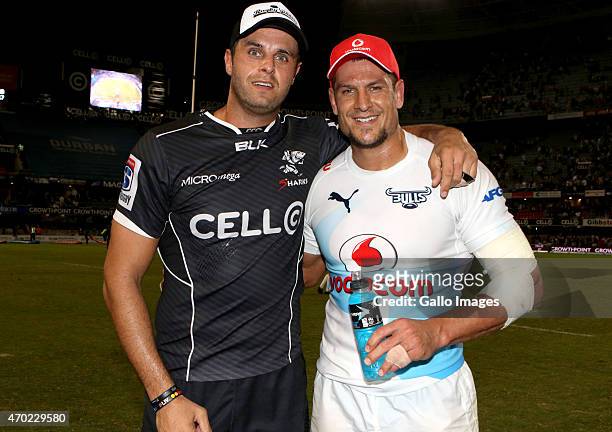 Marco Wentzel of the Cell C Sharks with Pierre Spies of the Vodacom Blue Bulls during the Super Rugby match between Cell C Sharks and Vodacom Bulls...