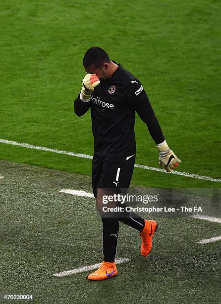 Adam Federici of Reading reacts after the team lost the FA Cup Semi-Final match between Arsenal and Reading at Wembley Stadium on April 18, 2015 in...