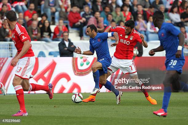 Benfica's midfielder Andreas Samaris tackles Belenenses's midfielder Carlos Martins during the Primeira Liga match between Belenenses and Benfica at...