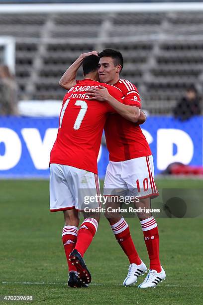 Benfica's forward Jonas celebrates scoring Benfica«s second goal with Benfica's midfielder Nicolas Gaitan during the Primeira Liga match between...