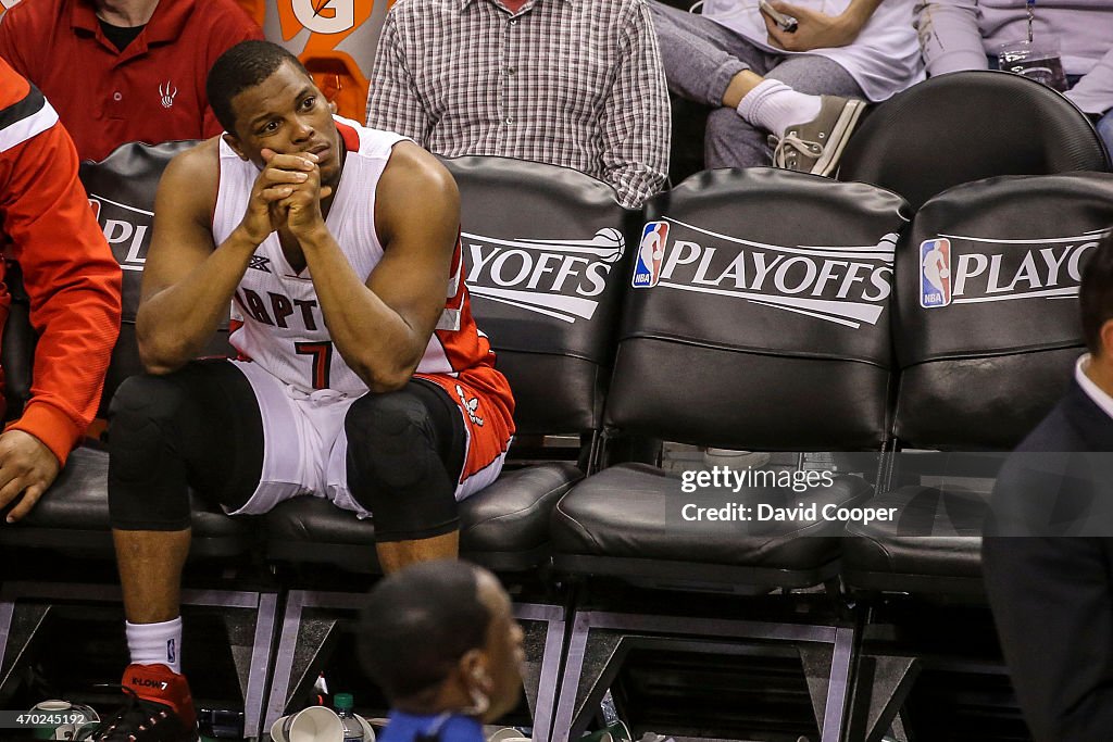 Kyle Lowry (7) of the Toronto Raptors sits dejected on the bench after he fouled out late in the game