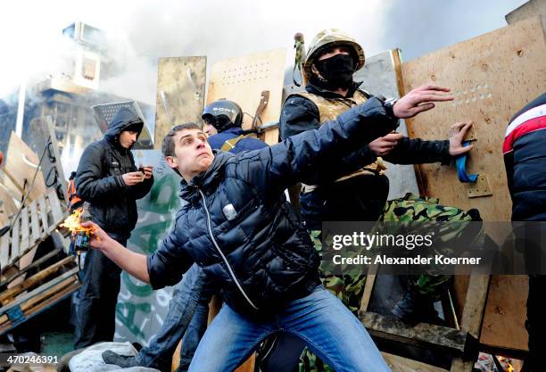 Anti-government protesters clash with police in Independence Square on February 19, 2014 in Kiev, Ukraine. Violent clashes erupted yesterday...