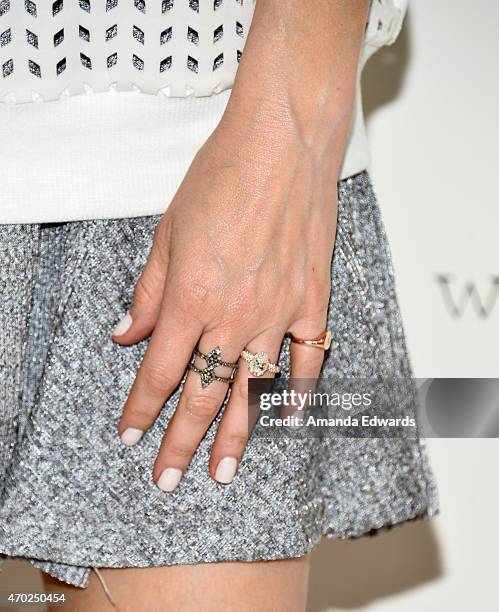 Fashion designer Whitney Port, ring detail, attends the Whitney Eve "How We Roll" Spring Road Tour at The Grove on April 18, 2015 in Los Angeles,...