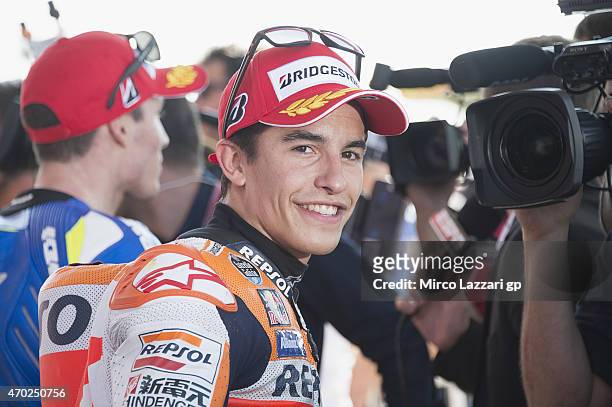 Marc Marquez of Spain and Repsol Honda Team celebrates the pole position at the end of the qualifying practice during the MotoGp of Argentina -...