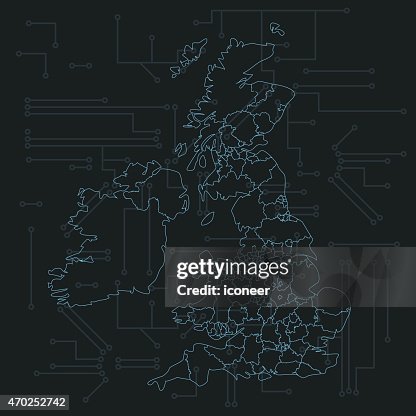 United Kingdom map with countries on dark circuit board background United Kingdom map with countries on dark circuit board background