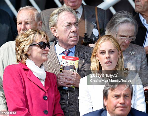 Madeleine Lloyd Webber, Andrew Lloyd Webber and Isabella Lloyd Webber watch their horse 'Jellicle Ball' run in the Dubai Duty Free Stakes at the...