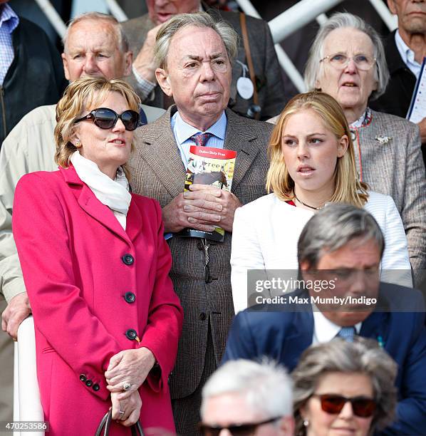 Madeleine Lloyd Webber, Andrew Lloyd Webber and Isabella Lloyd Webber watch their horse 'Jellicle Ball' run in the Dubai Duty Free Stakes at the...