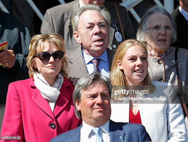 Madeleine Lloyd Webber, Andrew Lloyd Webber and Isabella Lloyd Webber watch their horse 'Jellicle Ball' run in the Dubai Duty Free Stakes at the...