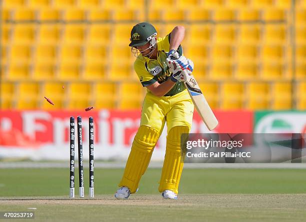 Ben McDermott of Australia gets bowled out by Abu Haider of Bangladesh during the ICC U19 Cricket World Cup 2014 match between Australia U19 and...