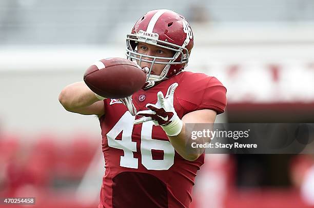 Michael Nysewander of the Crimson team catches a pass during the University of Alabama A Day spring game at Bryant-Denny Stadium on April 18, 2015 in...