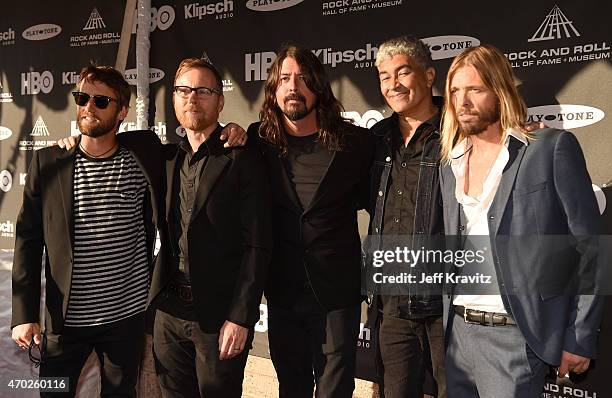 Nate Mendel, Chris Shiflett, Dave Grohl, Pat Smear and Taylor Hawkins of Foo Fighters attend the 30th Annual Rock And Roll Hall Of Fame Induction...