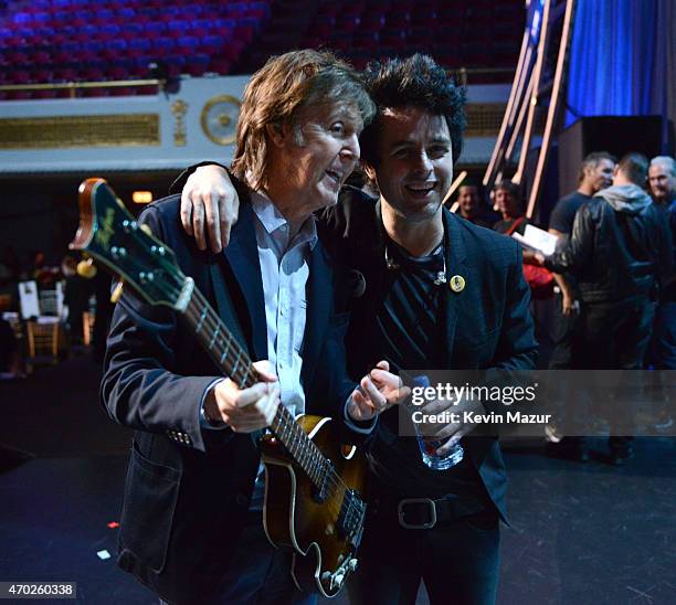 Paul McCartney and Billie Joe Armstrong attend the 30th Annual Rock And Roll Hall Of Fame Induction Ceremony at Public Hall on April 18, 2015 in...