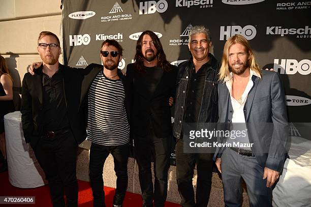 Nate Mendel, Chris Shiflett, Dave Grohl, Pat Smear and Taylor Hawkins of Foo Fighters attend the 30th Annual Rock And Roll Hall Of Fame Induction...