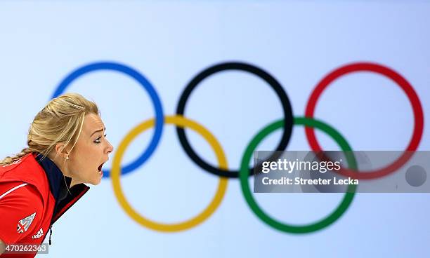 Anna Sloan of Great Britain in action against Canada during the women's curling semifinals at Ice Cube Curling Center on February 19, 2014 in Sochi,...