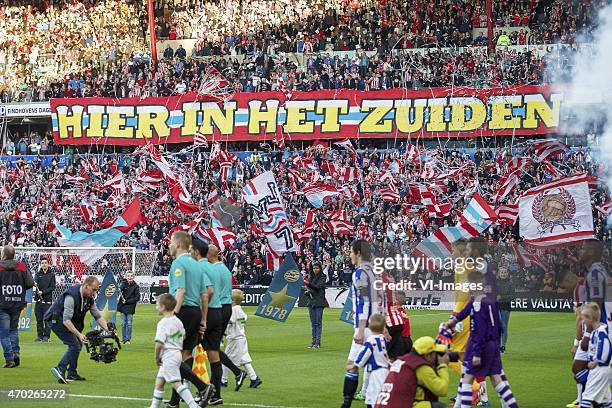 Banner Hier in het zuiden psv fans during the Dutch Eredivisie match between PSV Eindhoven and SC Heerenveen at the Phillips stadium on April 18,...