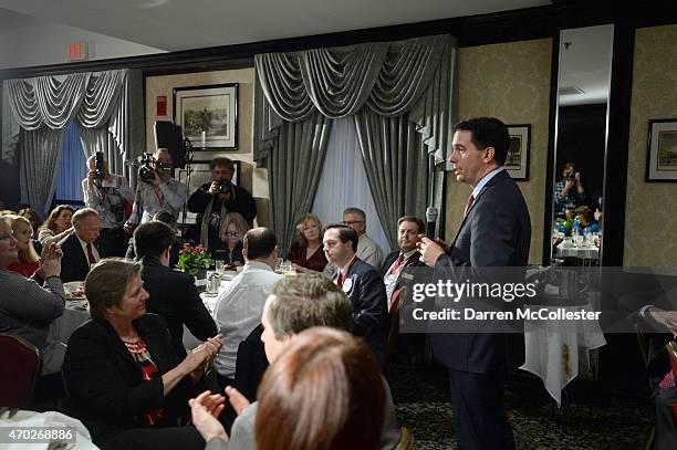 Sen. Scott Walker speaks at the First in the Nation Republican Leadership Summit April 18, 2015 in Nashua, New Hampshire. The Summit brought together...