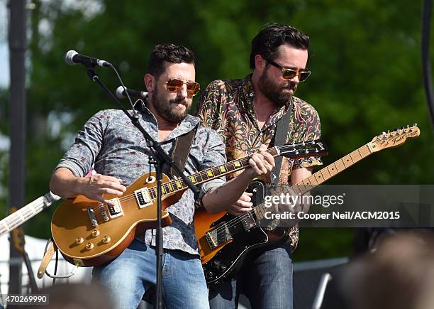Musicians Matthew Ramsey and Brad Tursi of Old Dominion perform onstage during the ACM Party For A Cause Festival at Globe Life Park in Arlington on...