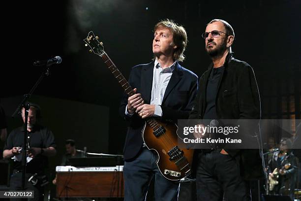 Musicians Paul McCartney and Ringo Starr attend the 30th Annual Rock And Roll Hall Of Fame Induction Ceremony at Public Hall on April 18, 2015 in...