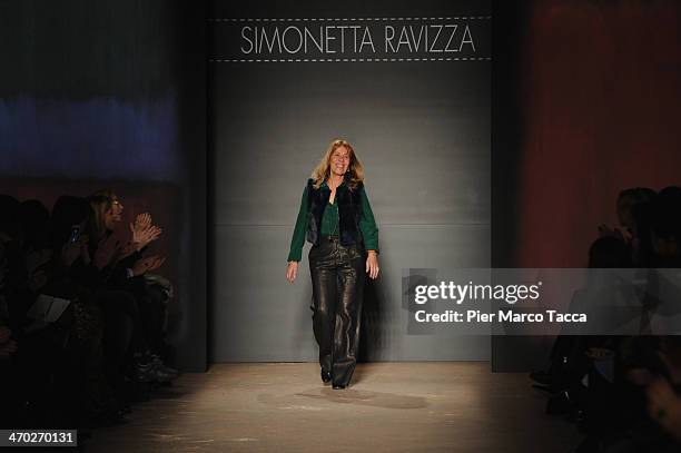 Simonetta Ravizza walks the runway after her show during Milan Fashion Week Womenswear Autumn/Winter 2014 on February 19, 2014 in Milan, Italy.