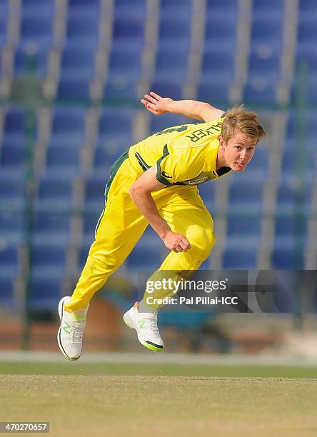 Guy Walker of Australia bowls during the ICC - U19 CWC match between Australia - U19 and Bangladesh - U19 played at the Sheikh Zayed cricket stadium...