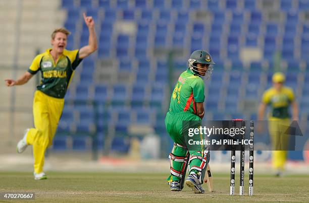 Mehedy Hasan captain of Bangladesh looks on after getting bowled out by Guy Walker during the ICC - U19 CWC match between Australia - U19 and...