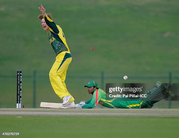 Thomas Andrews of Australia appeals successfully for the wicket of Shadman Islam of Bangladesh during the ICC - U19 CWC match between Australia - U19...