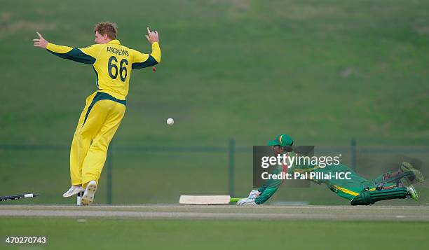 Shadman Islam of Bangladesh gets run out by a direct throw by Jaron Morgan of Australia during the ICC - U19 CWC match between Australia - U19 and...