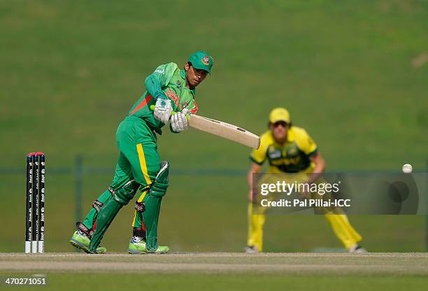 Shadman Islam of Bangladesh bats during the ICC U19 Cricket World Cup 2014 match between Australia U19 and Bangladesh U19 at the Sheikh Zayed cricket...