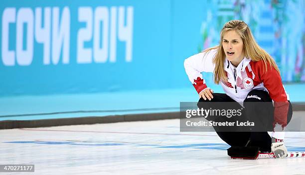 Jennifer Jones of Canada competes during the women's curling semifinals at Ice Cube Curling Center on February 19, 2014 in Sochi, Russia.