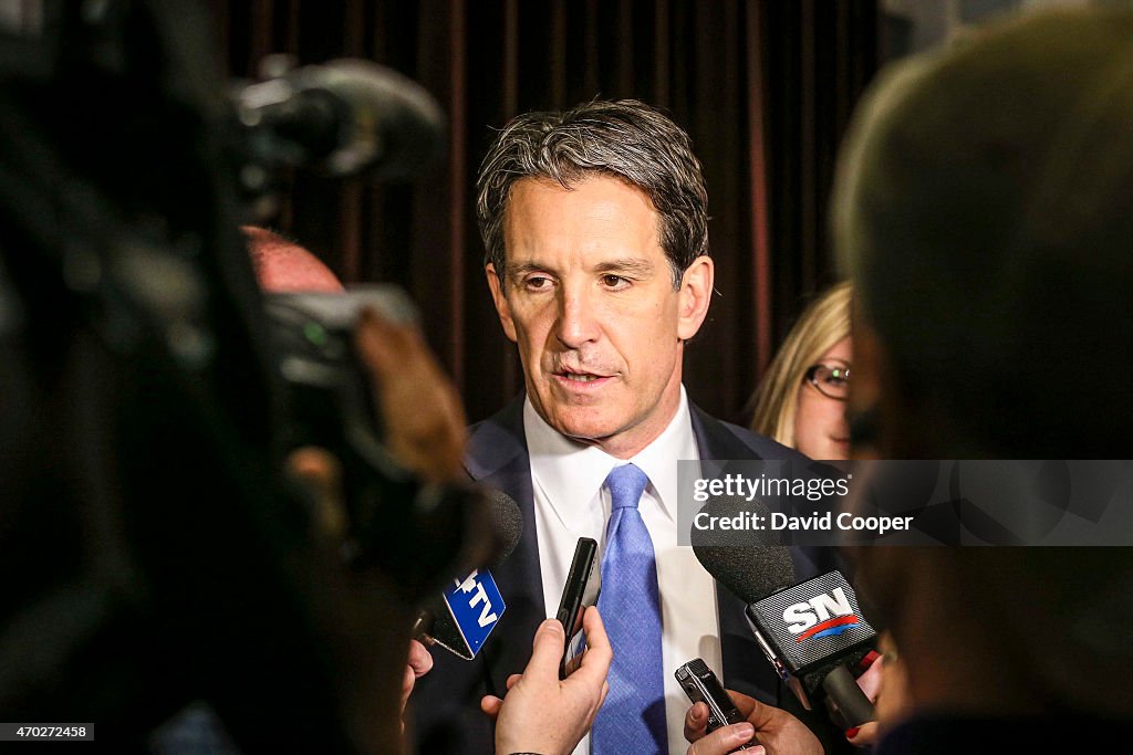 Toronto Maple Leafs General Manager Brendan Shanahan reacts to loosing the draft lottery