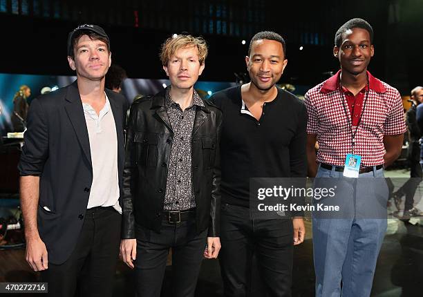 Nate Ruess, Beck, John Legend and Leon Bridges attend the 30th Annual Rock And Roll Hall Of Fame Induction Ceremony at Public Hall on April 18, 2015...