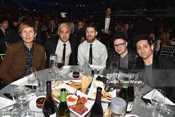 Musicians Beck, Pete Wentz, Andy Hurley, Patrick Stump and Joe Trohman attend the 30th Annual Rock And Roll Hall Of Fame Induction Ceremony at Public...