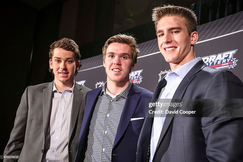 Dylan Strome, Connor McDavid, Noah Hanifin, reacts to the draft lottery