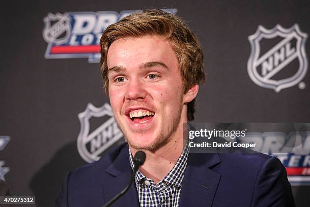 Connor McDavid, reacts to the draft lottery as he attends the NHL Draft Lottery media availability at the Ritz-Carlton in April 18, 2015