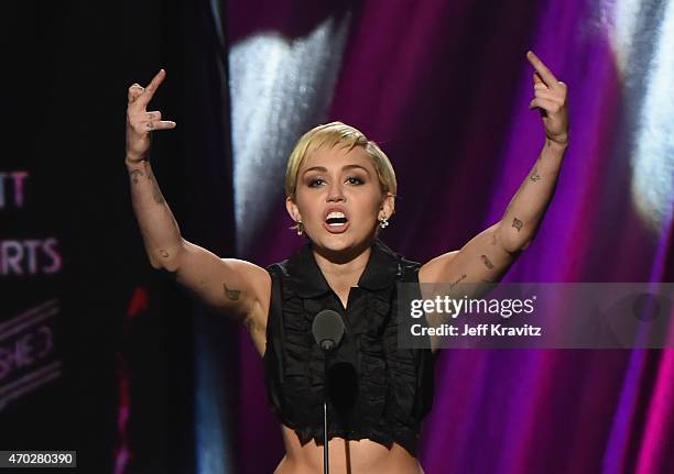 Miley Cyrus speaks onstage during the 30th Annual Rock And Roll Hall Of Fame Induction Ceremony at Public Hall on April 18, 2015 in Cleveland, Ohio.