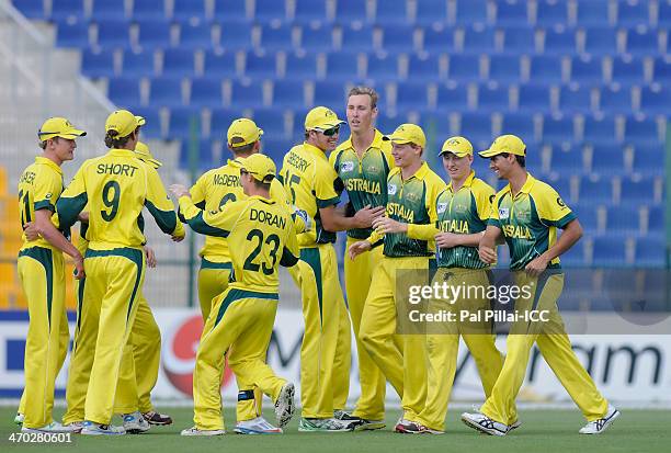 Billy Stanlake of Australia celebrates the wicket of Joyraz Sheik of Bangladesh during the ICC - U19 CWC match between Australia - U19 and Bangladesh...