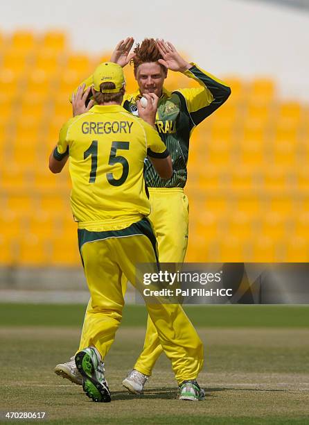 Thomas Andrews of Australia celebrates the wicket of Litton Kumar Das of Bangladesh during the ICC - U19 CWC match between Australia - U19 and...