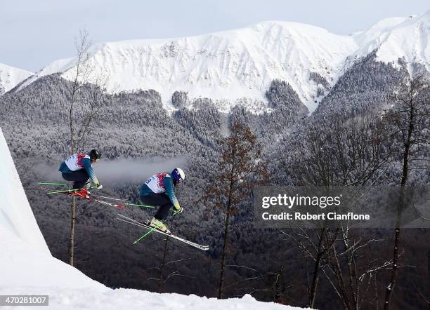 Anton Grimus and Scott Kneller of Australia jump during a Ski Cross training session at Rosa Khutor Extreme Park on day 12 of the Sochi Winter...