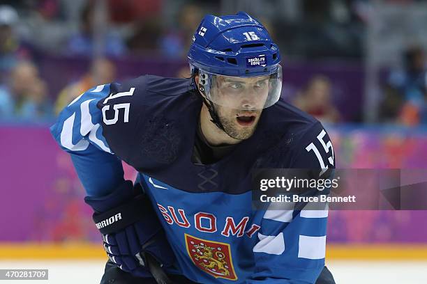 Tuomo Ruutu of Finland looks on during the Men's Ice Hockey Quarterfinal Playoff against Russia on Day 12 of the 2014 Sochi Winter Olympics at...