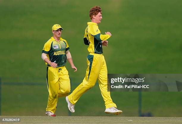 Thomas Andrews of Australia celebrates the wicket of Mosaddek Hossain of Bangladesh during the ICC - U19 CWC match between Australia - U19 and...