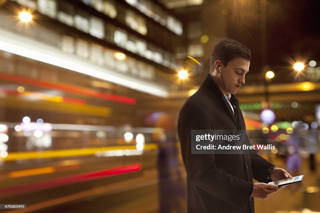 Businessman networking on the move in the city