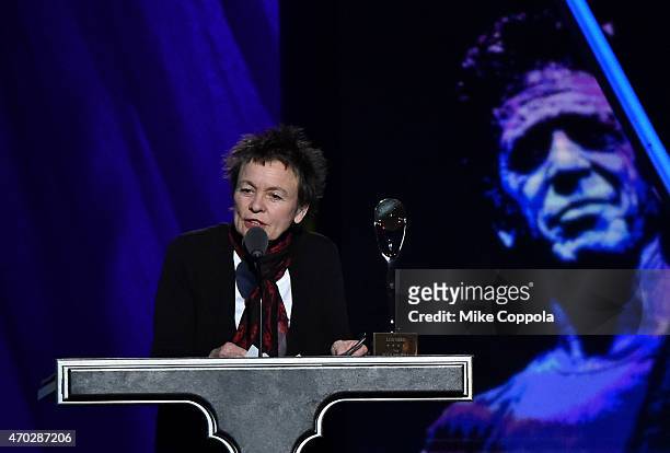 Laurie Anderson speaks onstage on behalf of inductee Lou Reed during the 30th Annual Rock And Roll Hall Of Fame Induction Ceremony at Public Hall on...